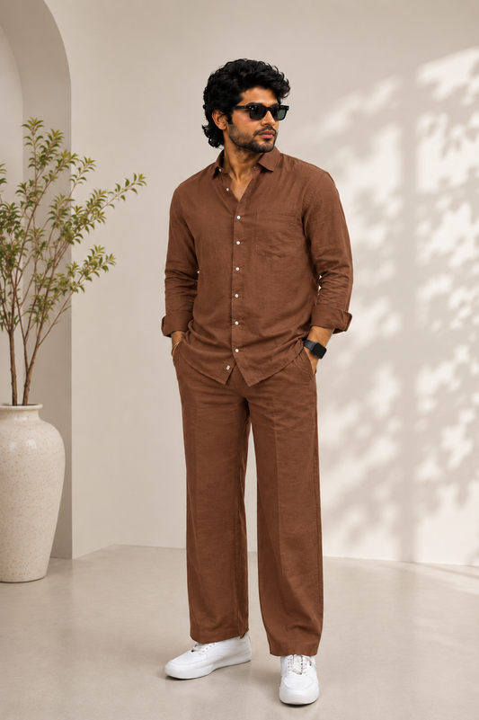 Men’s Premium Linen Co-Ord Set - Brown