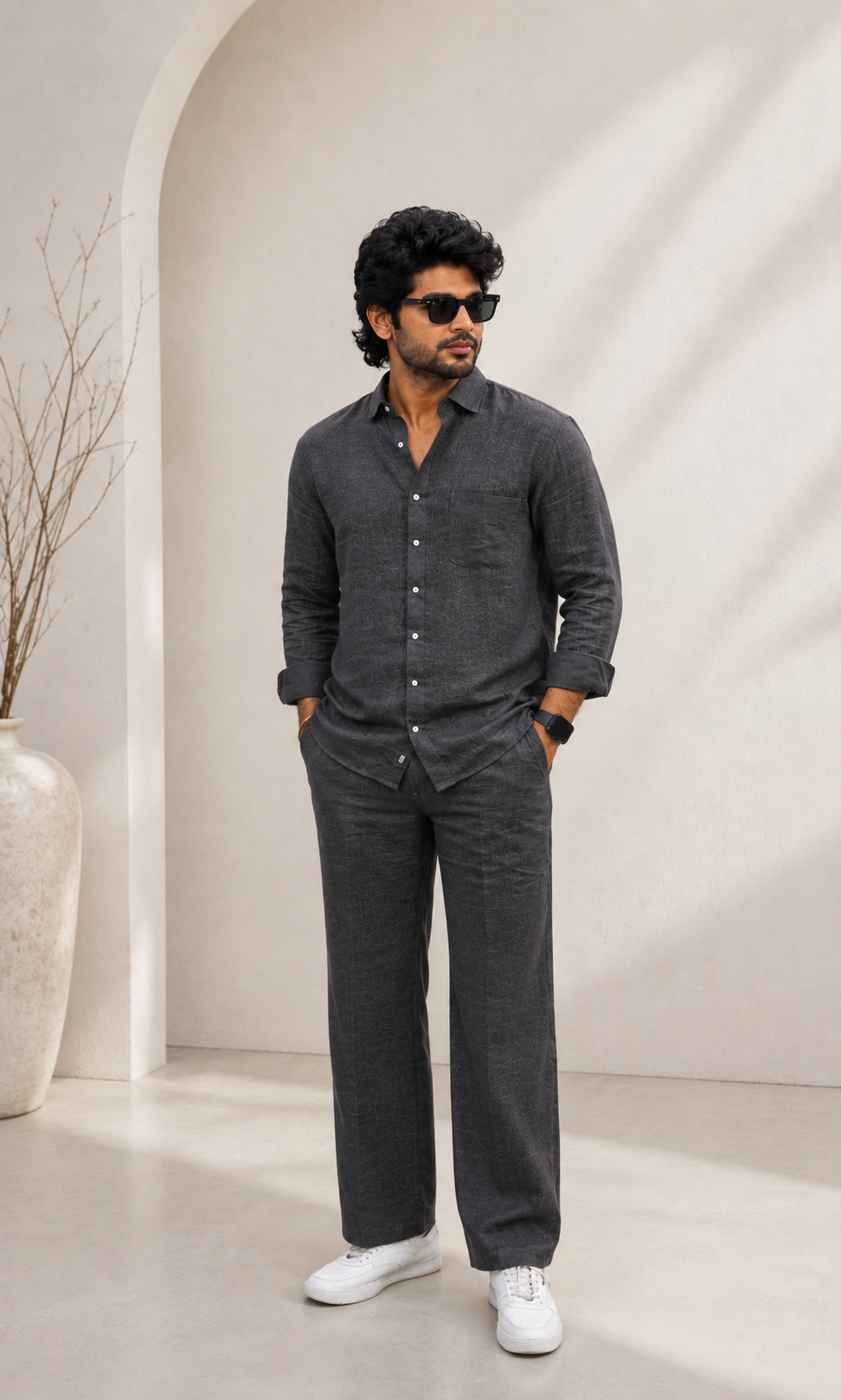 Men’s Premium Linen Co-Ord Set - Charcoal Grey